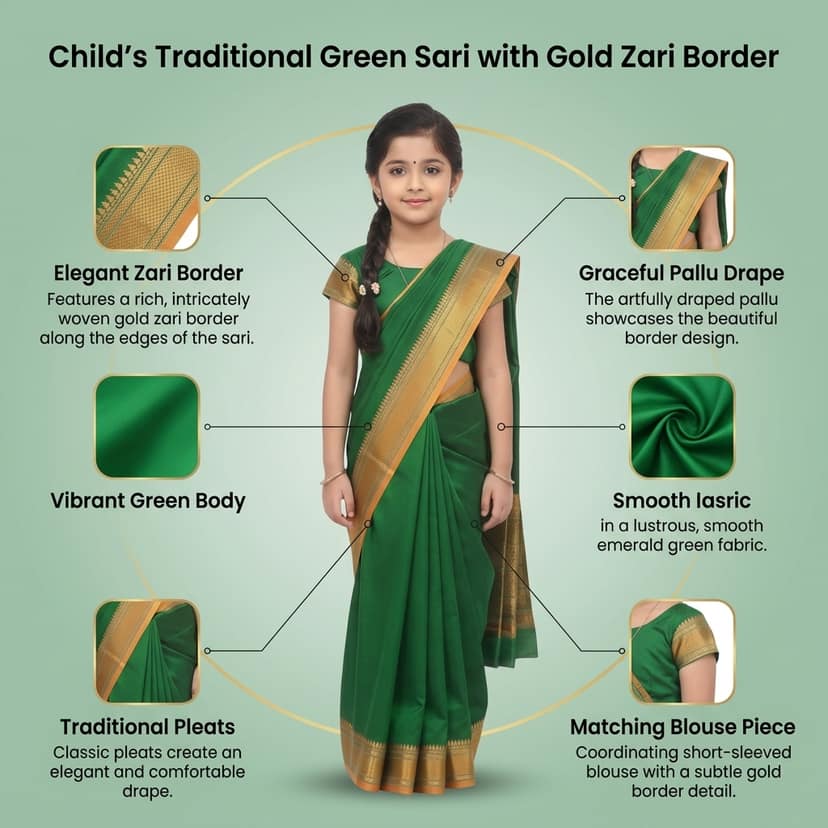 Mom and Me Kids Green Pre-Stitched Belgaon Silk Saree with Golden Zari Border view 3