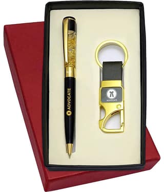 UJJi Advocate Logo Engraved Golden Gel Filled Brass Body Ball Pen & Hook Keychain
