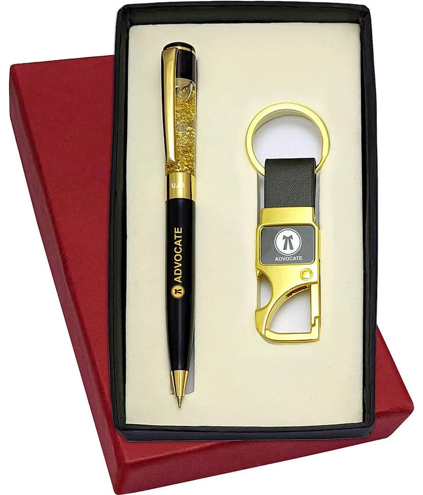 UJJi Advocate Logo Engraved Golden Gel Filled Brass Body Ball Pen & Hook Keychain