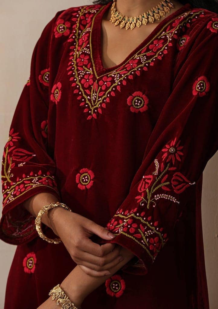 Velvet Chikankari Solid Women's 2 PC Long Kurta Set - Maroon view 2
