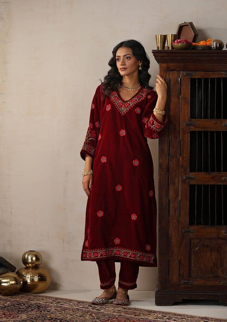Velvet Chikankari Solid Women's 2 PC Long Kurta Set - Maroon view 3