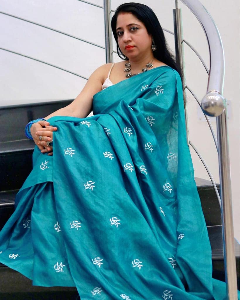 Silkmark Certified Pure Tussar Silk Embroidered Saree Rama Green Color with Embroidery Color Blouse (Tussar by Tussar)-3685 view 4