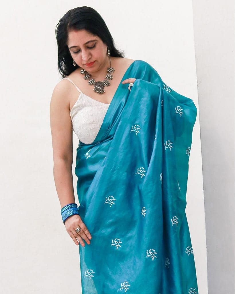 Silkmark Certified Pure Tussar Silk Embroidered Saree Rama Green Color with Embroidery Color Blouse (Tussar by Tussar)-3685 view 7