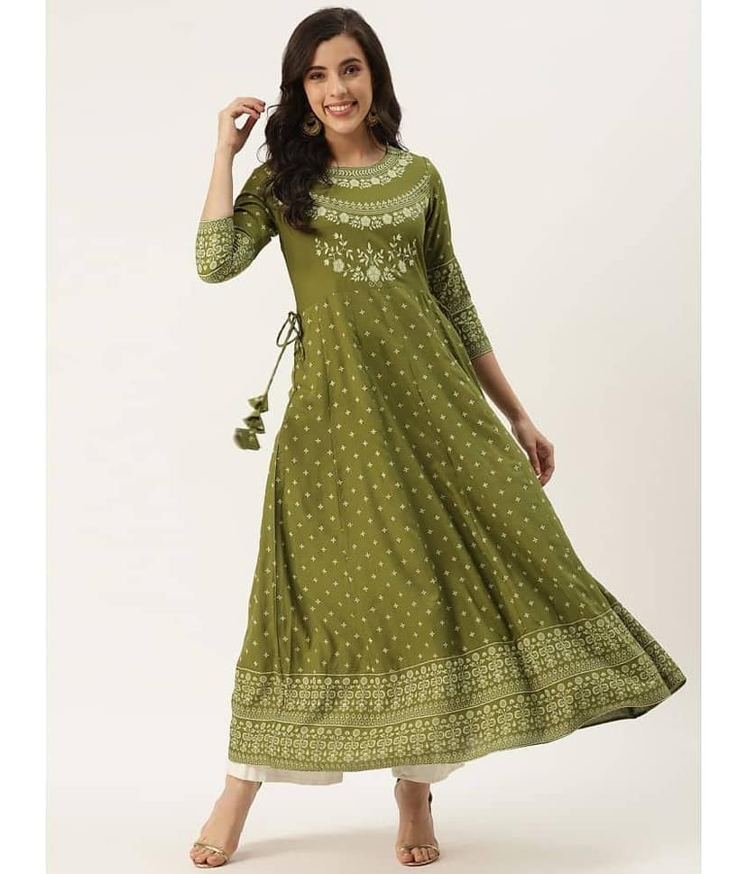 Kbz - Green Rayon Women's Flared Kurti ( Pack of 1 )