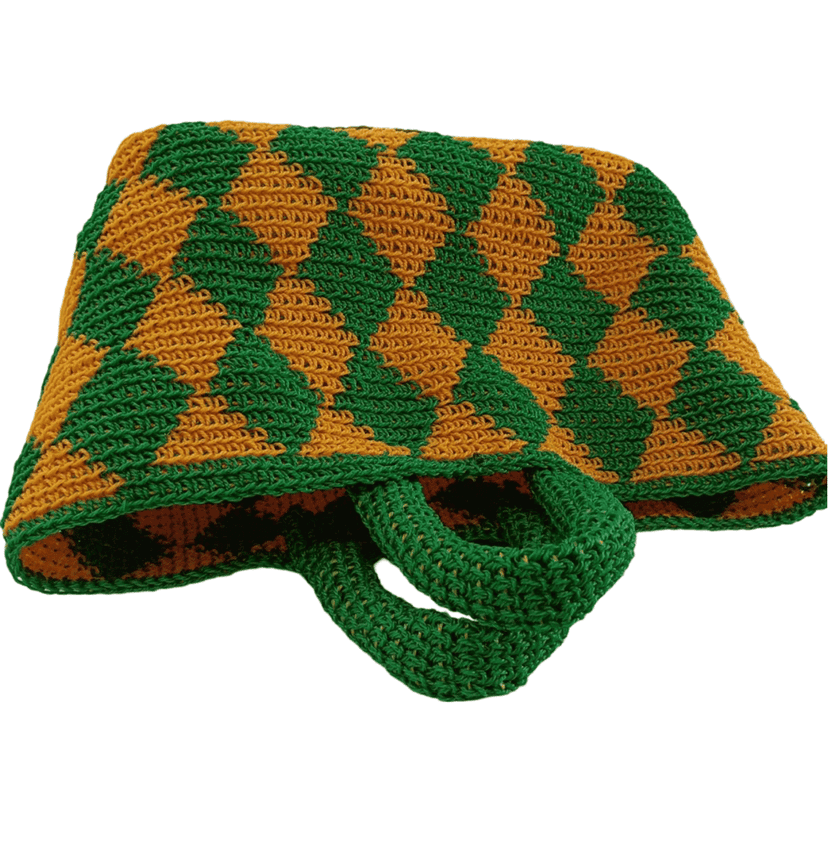 Green and Yellow Handknitted Bag with Chevron Pattern view 2