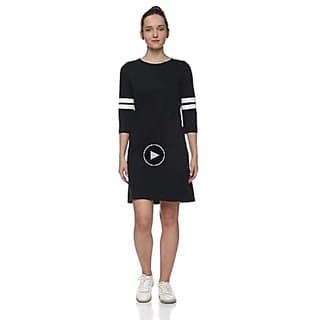 Miss Chase Womens Super Soft Solid Round Neck 3/4th Sleeves Paneled Color Block Mini Shift Dress view 2