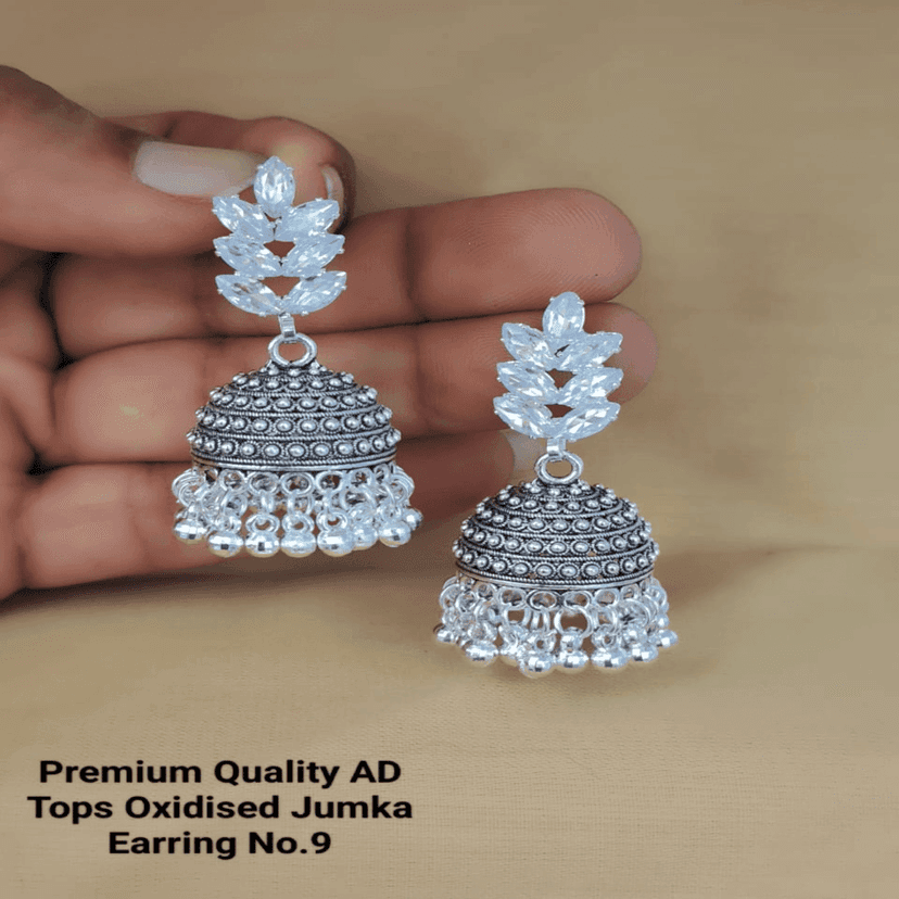 fancy Sliver A.D Chain Pendant For Girls And Women's (1) & Silver Diamond Oxidised Earrings Jhumka (9) & AD Stone Silver Free Size Finger Ring (COMBO PACK OF 2 PIC & 1 PAIRS) view 2