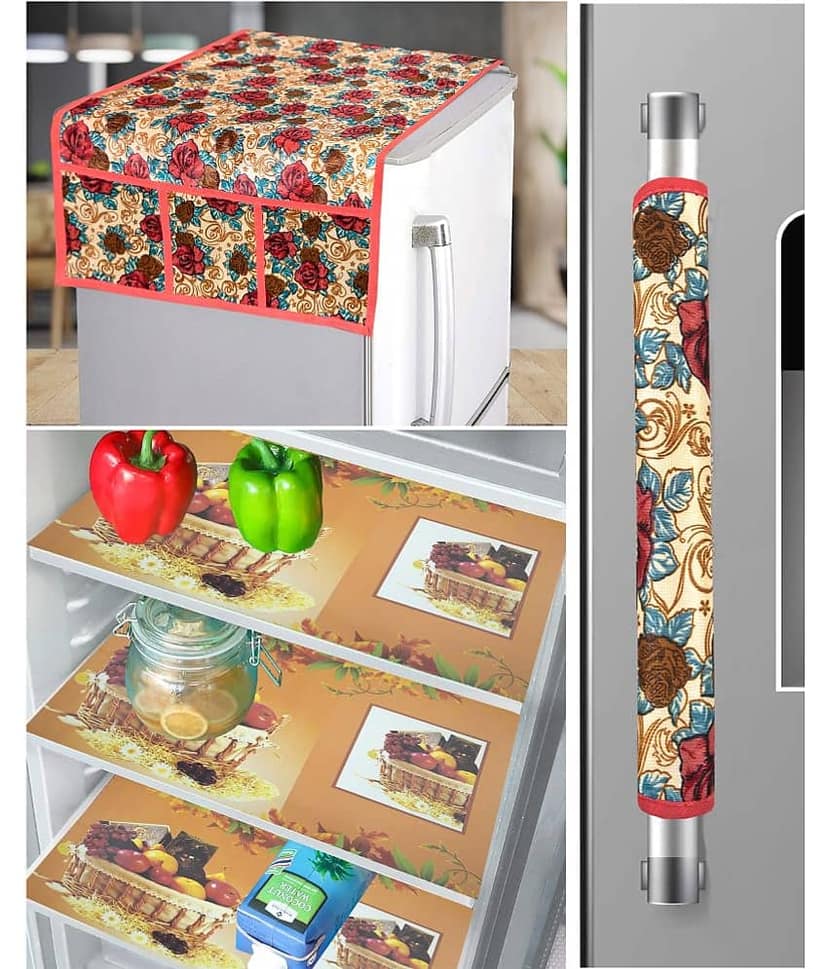 Crosmo Polyester Floral Printed Fridge Mat & Cover ( 64 18 ) Pack of 5 - Yellow