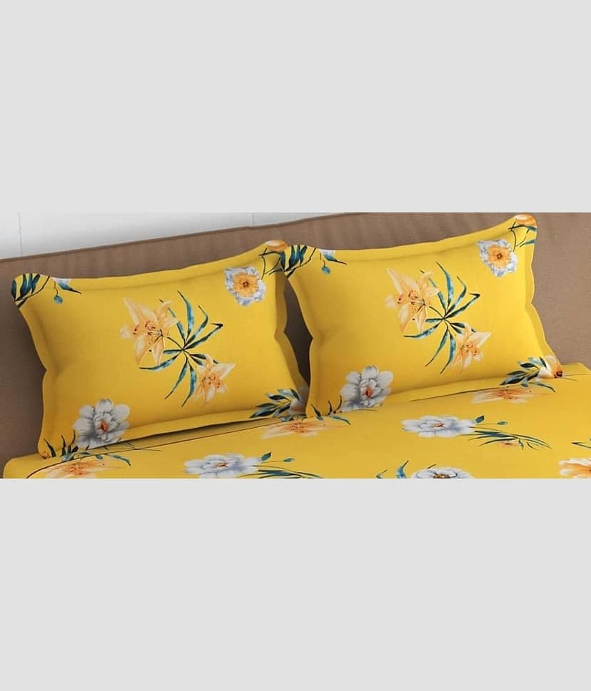 SHOMES Cotton Floral Fitted 1 Bedsheet with 2 Pillow Covers ( Double Bed ) - Yellow view 2