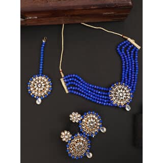 Royal Blue Crystal Kundan Full Length 4pc Bridal Choker Jewellery Set