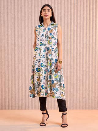 Ivory Cotton Flax Printed Kurti With Box Pleat