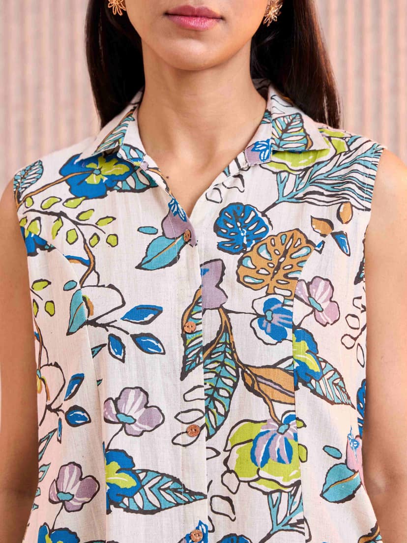 Ivory Cotton Flax Printed Kurti With Box Pleat view 2