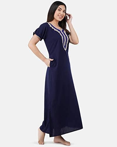 KOI SLEEPWEAR Premium Women White Contrast Embroidery Night Gown Lizzybizzy Cotton Nighty Maxi (Large, Navy Blue)� view 3
