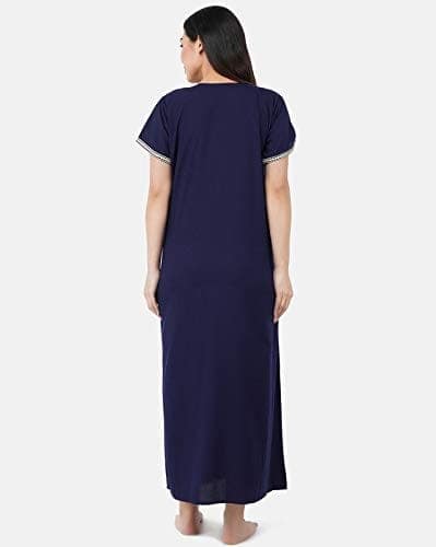 KOI SLEEPWEAR Premium Women White Contrast Embroidery Night Gown Lizzybizzy Cotton Nighty Maxi (Large, Navy Blue)� view 5