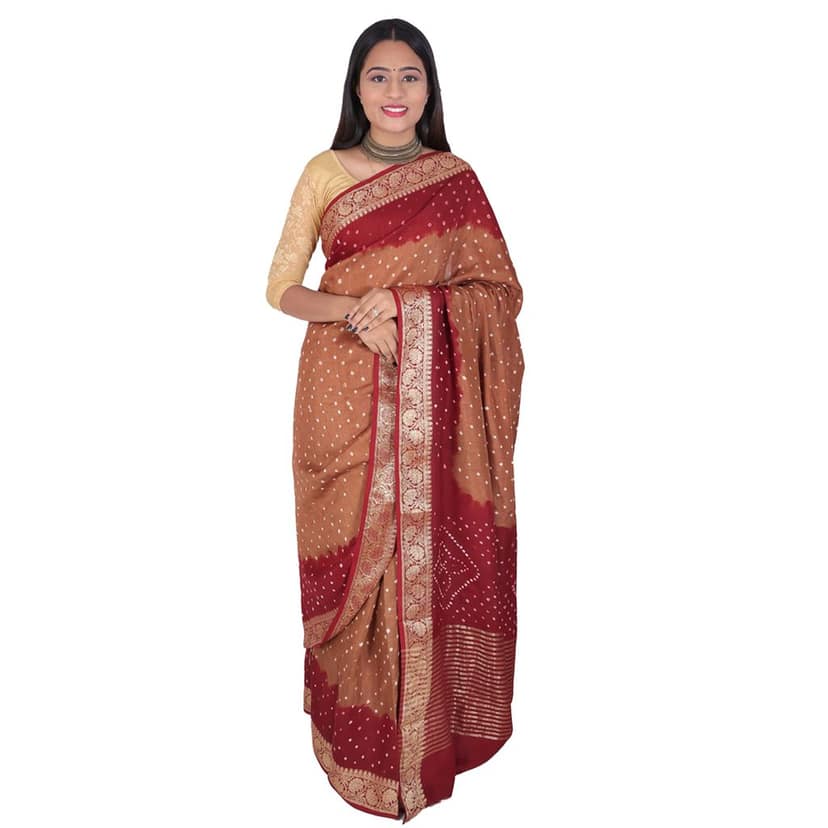 Tribes India Handwoven Brown Bandhej Saree