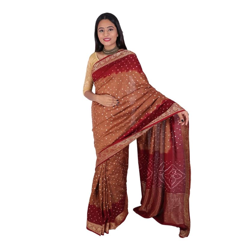 Tribes India Handwoven Brown Bandhej Saree view 2