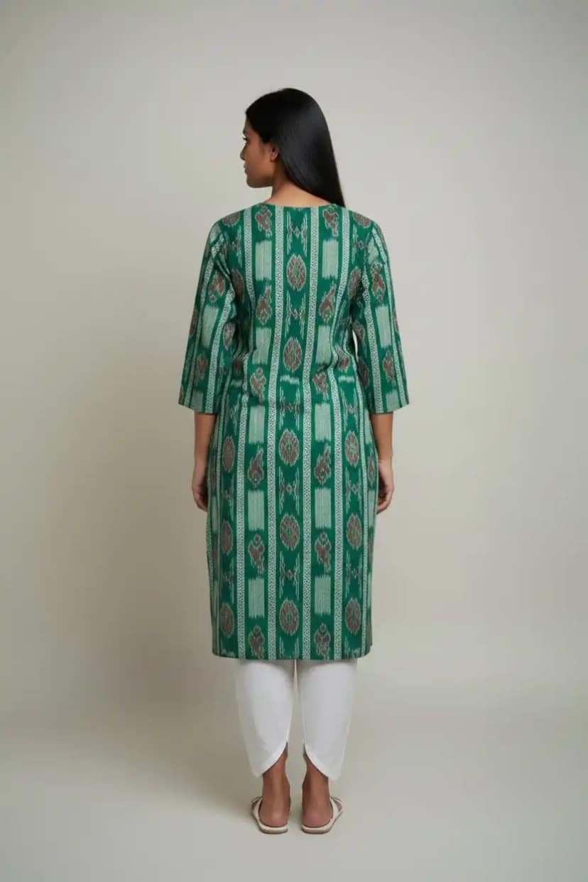Sambalpuri Bandha Cotton Kurti in Green, Handwoven Ikat view 4