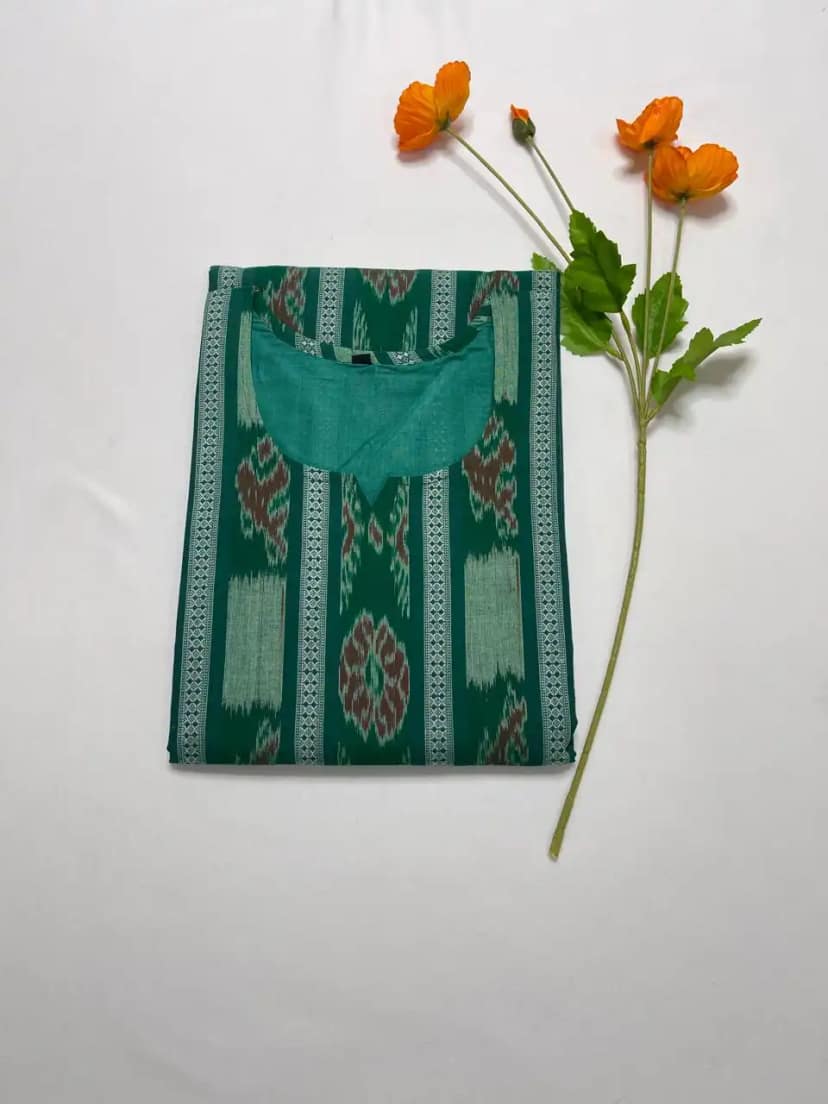 Sambalpuri Bandha Cotton Kurti in Green, Handwoven Ikat view 5