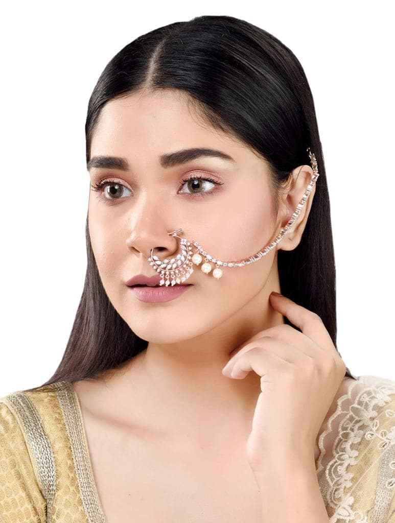 Rose Gold plated AD & Pearl studded Handcrafted Nose Ring view 2
