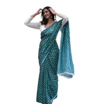 Women's Linen Floral Printed Saree With Unstitched Blouse - 5.5 Mtr (Teal Green)