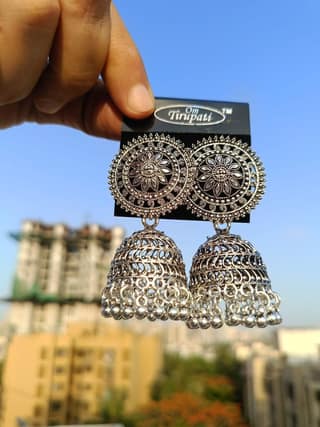 Jewelryklub Oxidised Silver Jhumka Earrings For Girls And Women Round Design