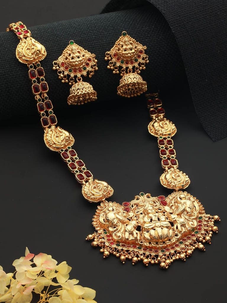 Gold Plated Stone Studded Laxmi ji Long jewellery set view 2