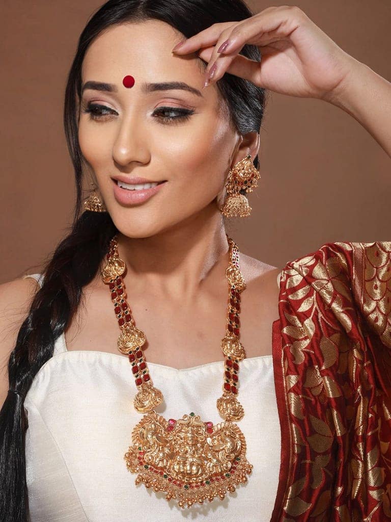 Gold Plated Stone Studded Laxmi ji Long jewellery set view 7