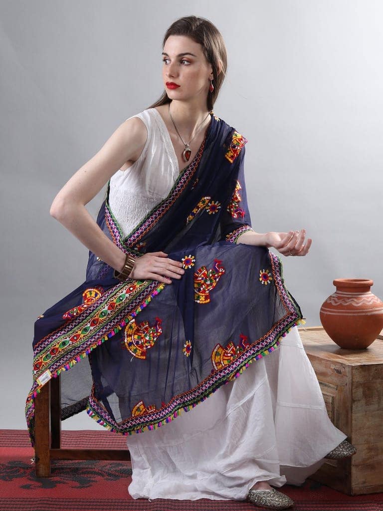 Ink-Blue Phulkari Dupatta With Sequin Embroidered Dandiya Motif And Saori Lace On The Borders From Rajasthan view 2