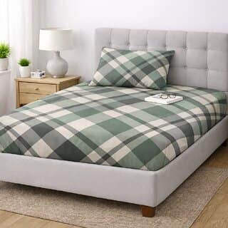Elegant Plaid Fitted Single Bed Sheet - Green Beige view 2