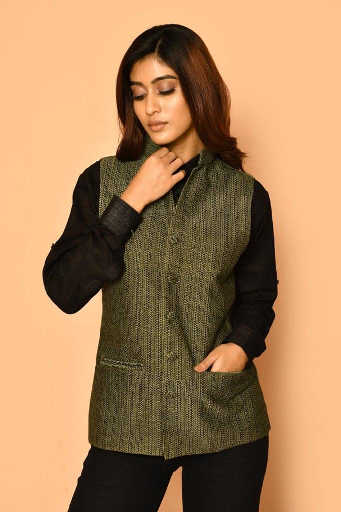 Olive green Handloom cotton Nehru jacket for women view 2