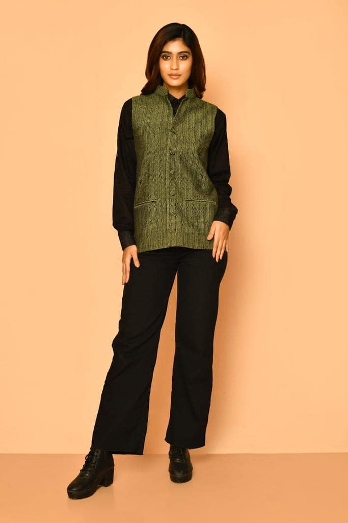 Olive green Handloom cotton Nehru jacket for women view 3