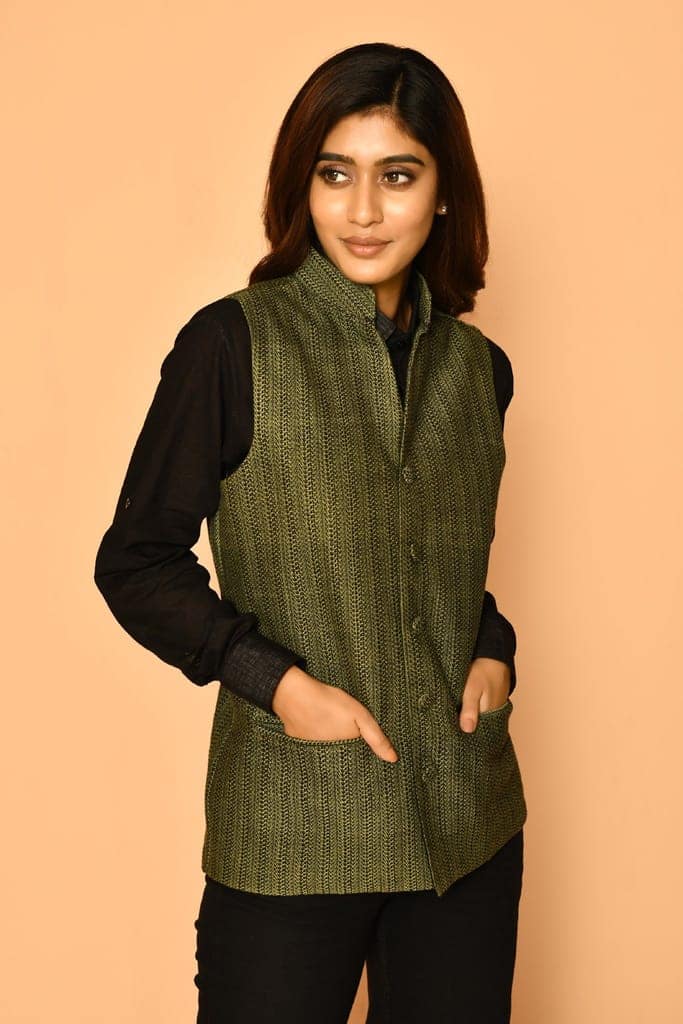 Olive green Handloom cotton Nehru jacket for women view 4