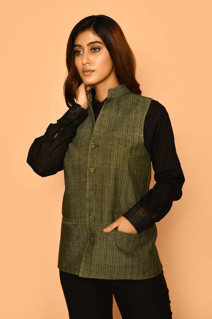 Olive green Handloom cotton Nehru jacket for women view 5
