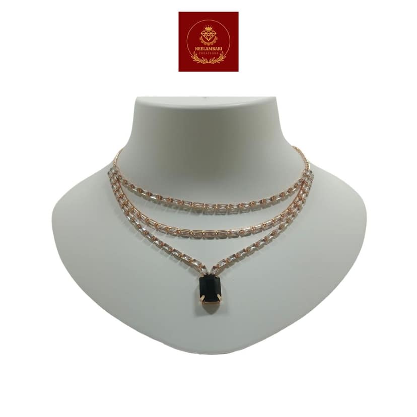 Jia Luxury Handcrafted Rose Gold Plated Necklace Set with Earrings, Black Gemstones view 2