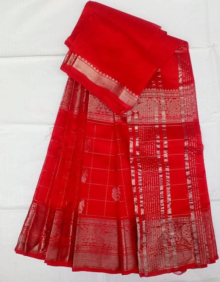 Mangalagiri Cotton Silk Red and gold silk saree with zari border view 2