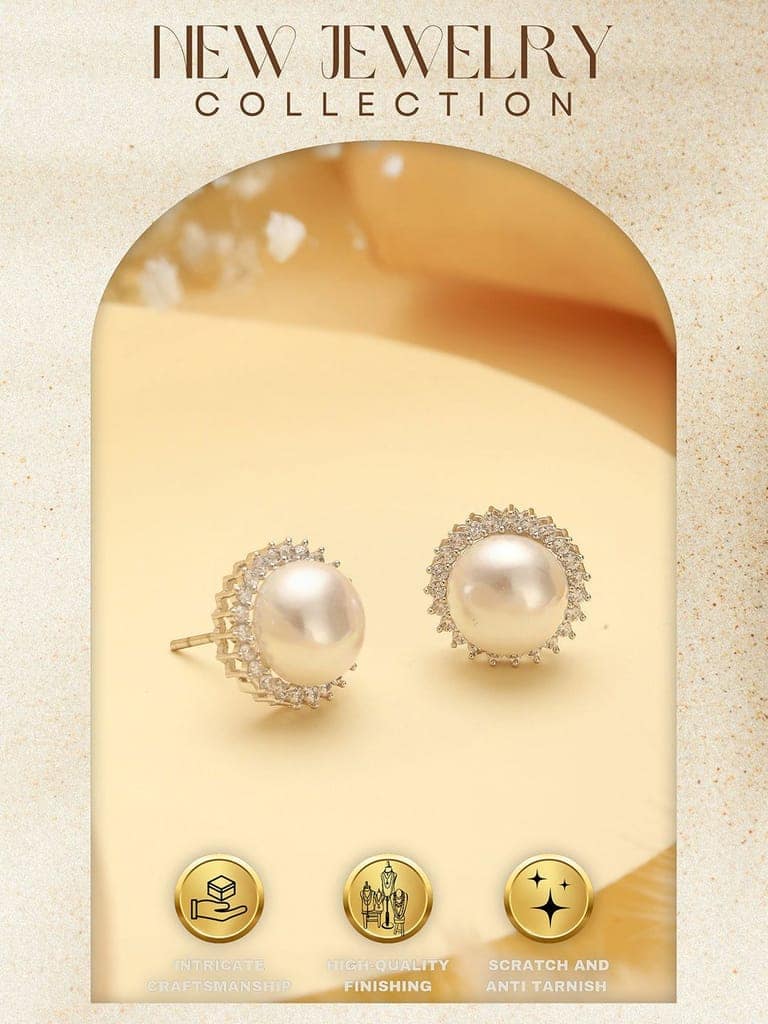 White Rhodium AD & Pearl Studded Classic Minimal Solitaire Studds Earrings view 6