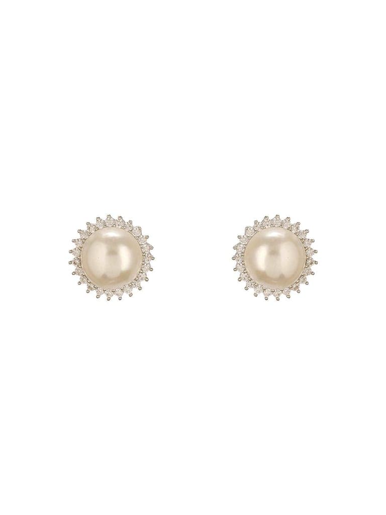 White Rhodium AD & Pearl Studded Classic Minimal Solitaire Studds Earrings view 7