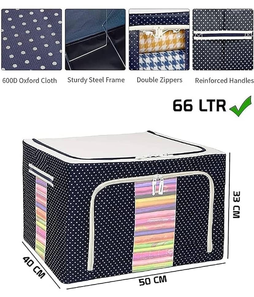 Organisers Storage Box for Clothes 66 Liter Capacity Wardrobe Organizer for Clothes Storage Foldable Steel Frame with Zipper Clear Window with Handle (66 Ltr - Pack of 1) view 2