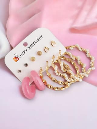 LUCKY JEWELLERY Fashion 6 Pairs Combo Set Of Latest Earrings Celebrity Inspired Stylish Trendy Gold Plated Stone Stud Tops Geometric Hoops Earing, C Shaped Earring for Women & Girls (240-CHEX-1185-6)