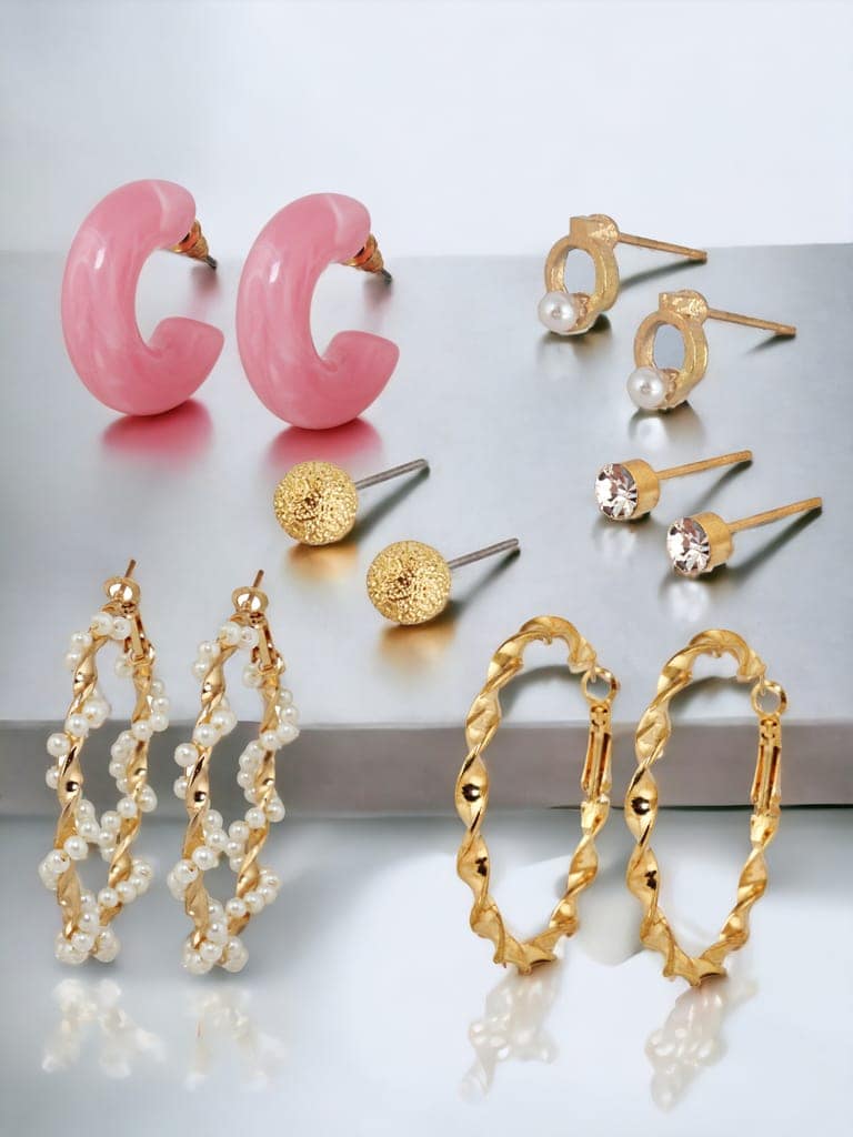 LUCKY JEWELLERY Fashion 6 Pairs Combo Set Of Latest Earrings Celebrity Inspired Stylish Trendy Gold Plated Stone Stud Tops Geometric Hoops Earing, C Shaped Earring for Women & Girls (240-CHEX-1185-6) view 3