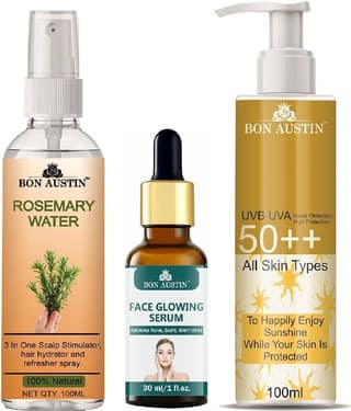 Bon Austin Rosemary Water | Hair Spray For Regrowth | Hair Growth Expert 100ml, Face Glowing Serum 30ML & UVA & UVB Protection Sunscreen 100ml - Set of 3 Items