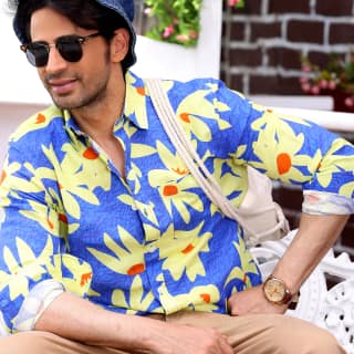 Lily Flower Dodger Blue Casual Pure Linen Full Shirt (Size - XL) by BLUE EAGLE