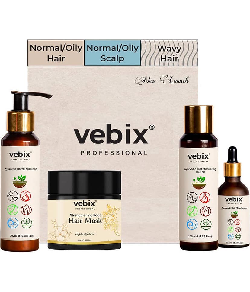 VebixProfessional HairCare Regimen -Ayurvedic 4 Product Vedix Hair Kit -For All Hair - Lotus AntiHairfall Shampoo + Anti HairFall Neem Oil + Hair Keratin Mask & Hair Growth Serum