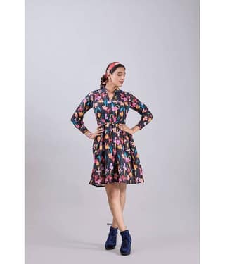 Amarasha Women Crepe Printed Fit & Flare Dress ( Black )