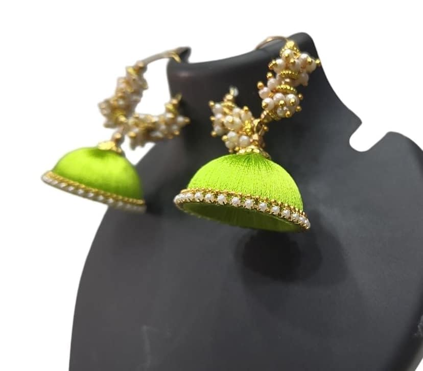 Green Silk Thread Jhumka Earrings with Pearl Beads view 2