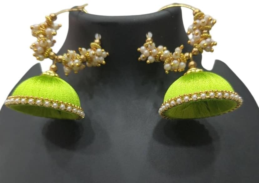 Green Silk Thread Jhumka Earrings with Pearl Beads view 3