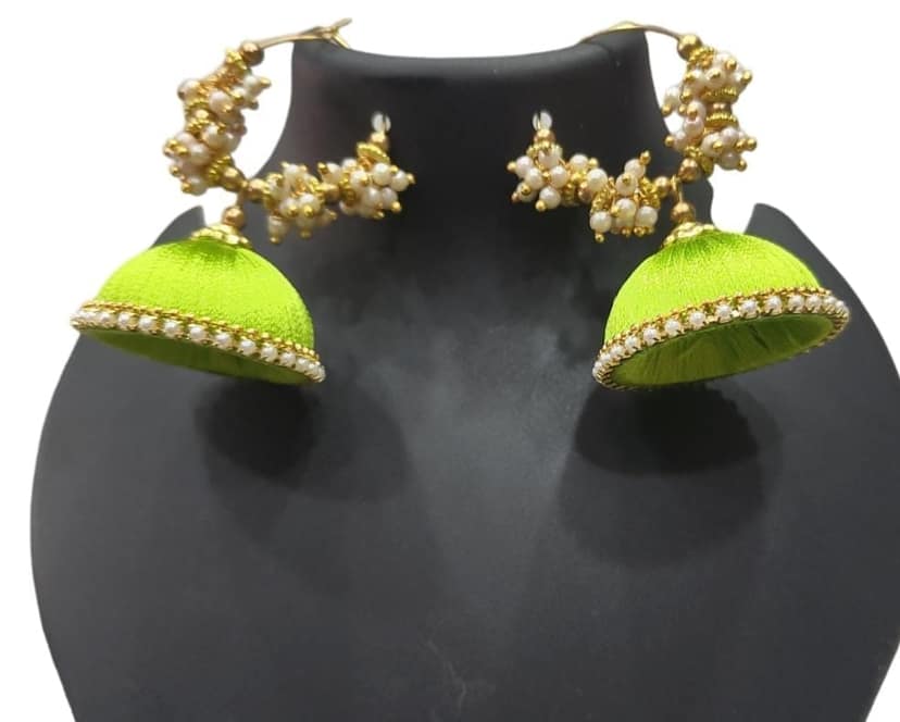 Green Silk Thread Jhumka Earrings with Pearl Beads view 4