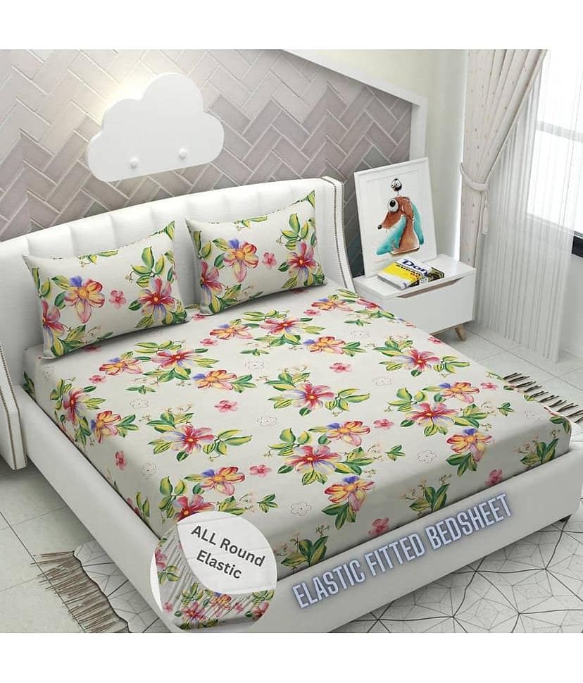 Apala Microfibre Floral Printed Fitted Double Bedsheet With 2 Pillow Covers- Cream