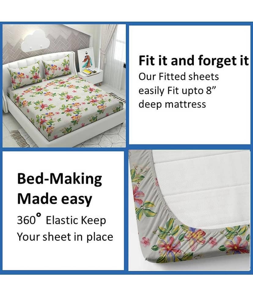 Apala Microfibre Floral Printed Fitted Double Bedsheet With 2 Pillow Covers- Cream view 2