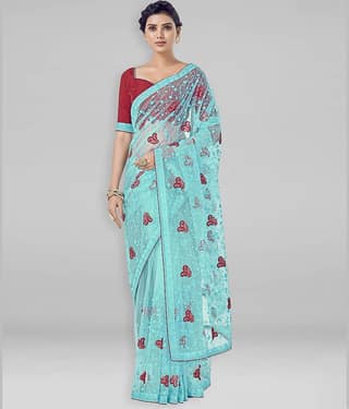 Sariya Net Embroidered Saree With Unstitched Blouse Piece ( Light Blue )